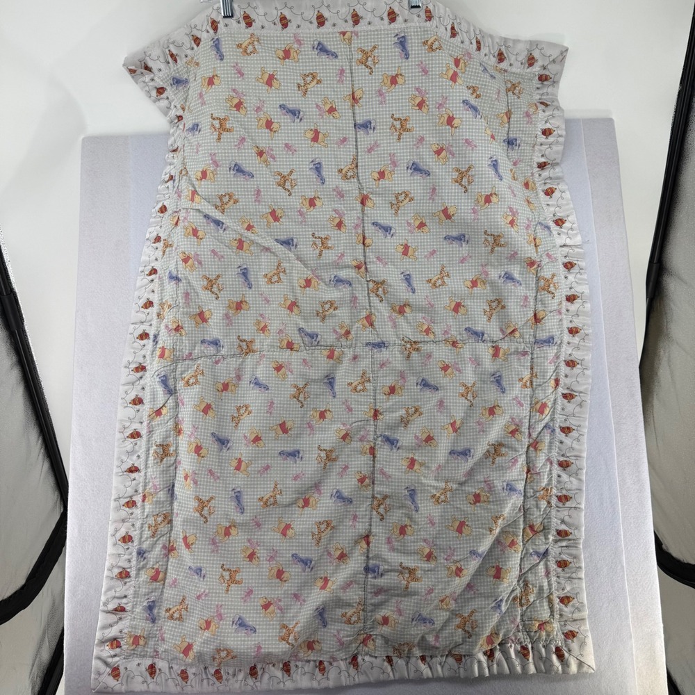 Vintage Disney Winnie the Pooh Gingham Quilted Baby Blanket Ruffle Yellow Blue